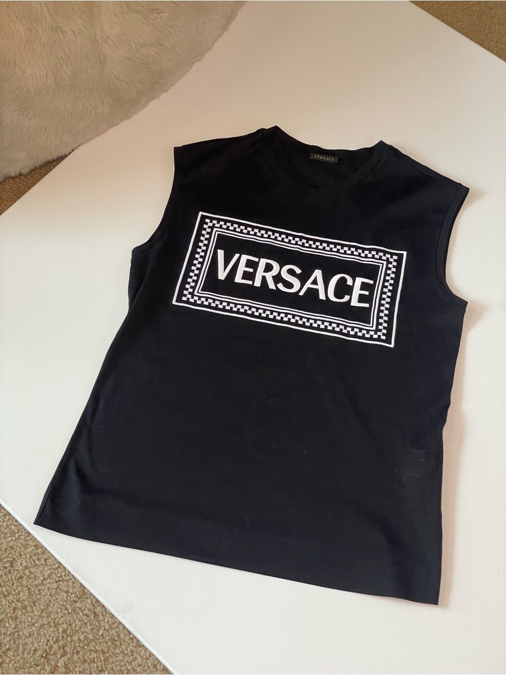 Versace Black Sleeveless Logo Tank with Contrasting White Embroidered lettering